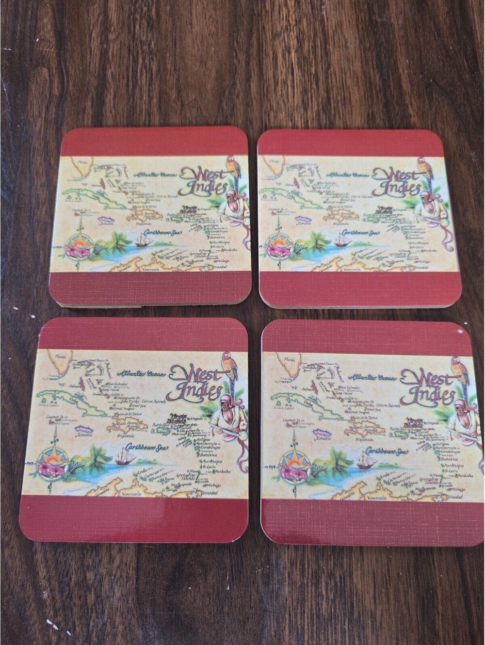 Vintage West Indies Caribbean Map Cork Back Coaster Set of 4 Tropical Tiki Bar